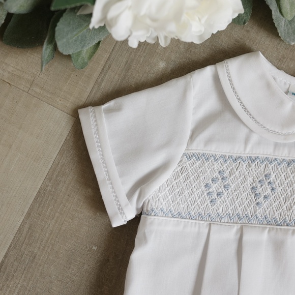 Smocked Embroidered Diamond Creeper WHITE Heirloom Romper Feltman Brothers NEW - Picture 2 of 6